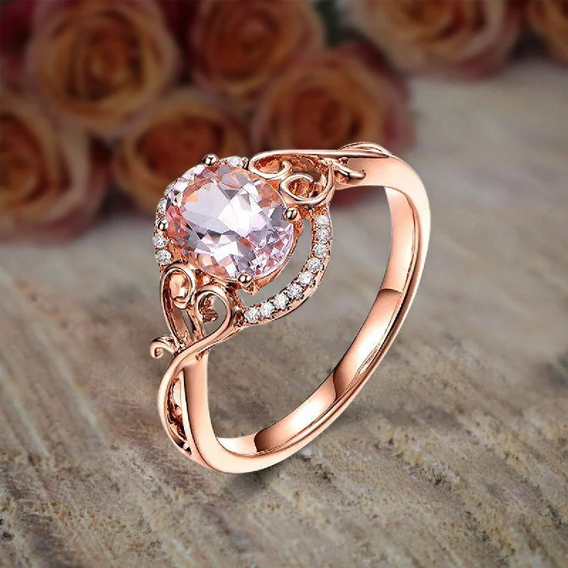 round cut engagement rings for women -round cut engagement rings for women -On Sale Unique 1.25 Carat Oval Cut Morganite And Diamond Moissanite Engagement Ring Wedding Ring in 10k Rose Gold Jewelry