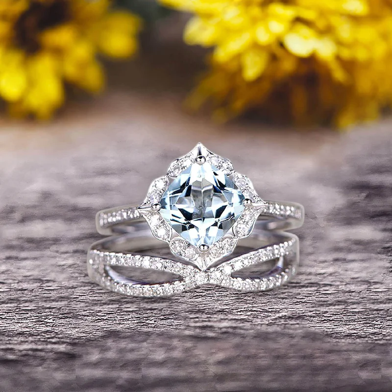 large solitaire engagement rings -large solitaire engagement rings -10k White Gold 1.75 Carat Cushion Cut Aquamarine Engagement Rings With Twisted Wedding Band Moissanite Diamonds Halo Design Art Deco