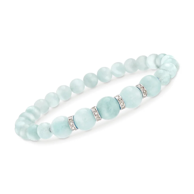 women’s bangles with gemstones -Ross-Simons 6-8mm Graduated Aquamarine Bead and . Diamond Spacer Bracelet in Sterling Silver