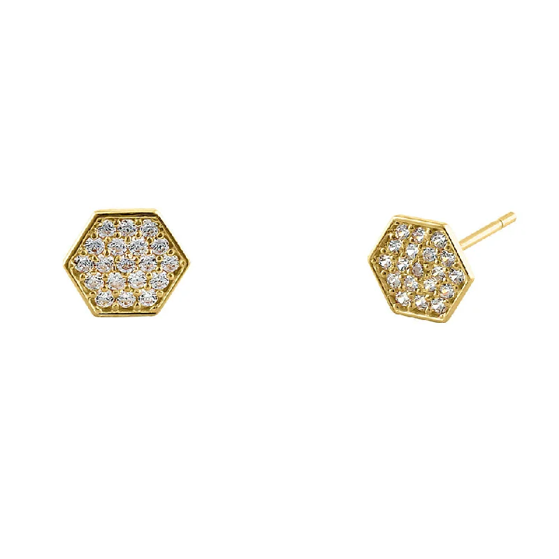 fashionable drop earrings -fashionable drop earrings -Solid 14K Yellow Gold Hexagon Pave CZ Earrings