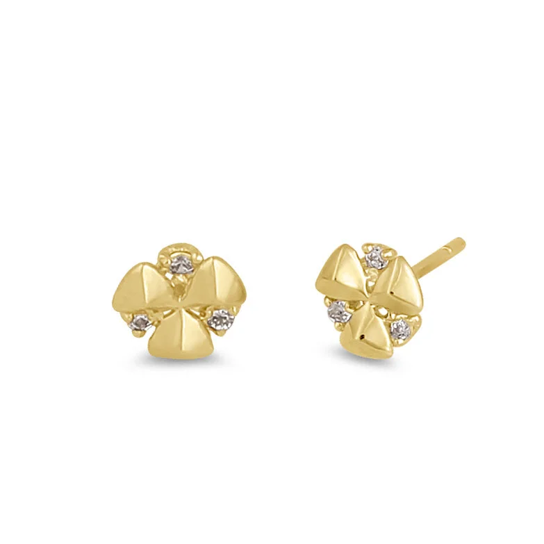 custom gold earrings for women -minimalist earrings for women -Solid 14K Gold Radioactive Flower with Clear CZ Earrings