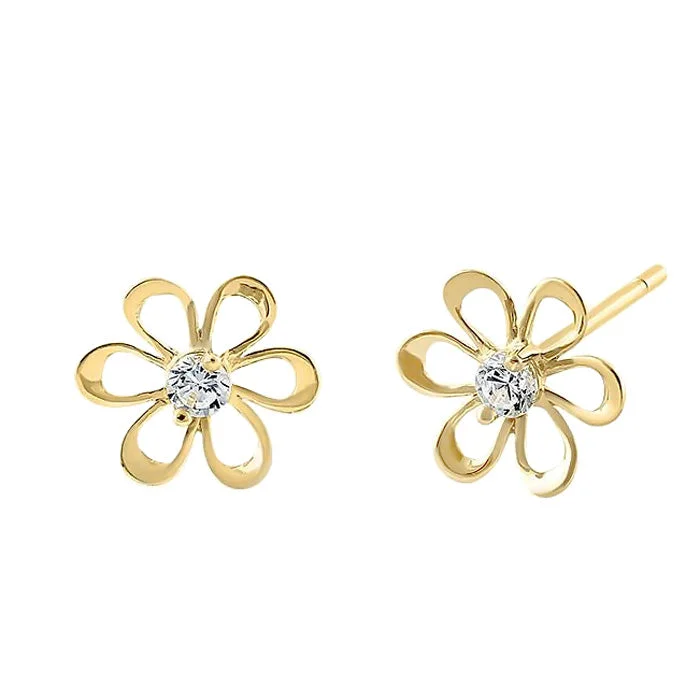 cute earrings for women -gold dangly earrings for women -Solid 14K Yellow Gold Retro Flower Clear CZ Earrings