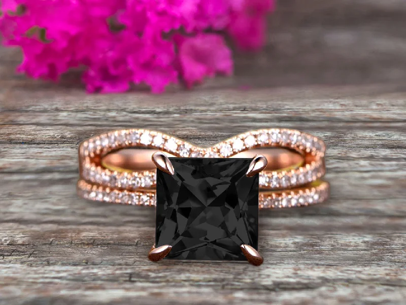 custom-made engagement rings for women -custom-made engagement rings for women -1.75 Carat VS Black Diamond Moissanite Wedding Ring Set Princess Cut 10k Rose Gold Engagement Ring Bridal Ring Loop Infinity Stacking Matching Band Staggering Shining Vintage Look