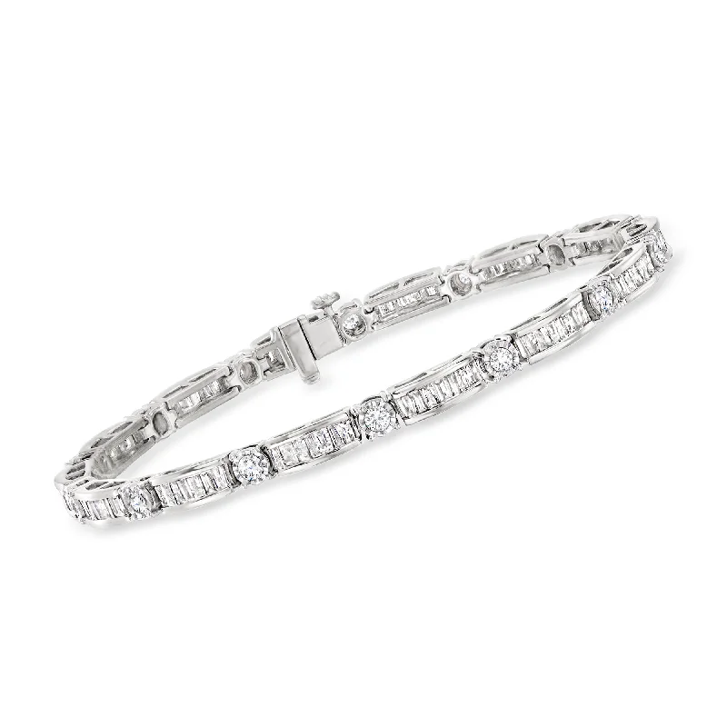 custom bracelet sets for women -Ross-Simons 3.00- Baguette and Round Diamond Bracelet in Sterling Silver. 7 inches