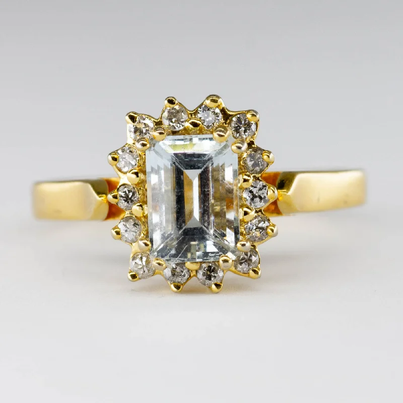 women’s gemstone promise rings -14k Yellow Gold Step Cut Aquamarine and Diamond Ring | 0.97ctw | SZ 6.75