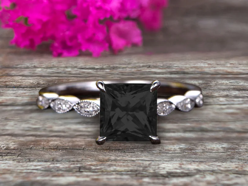 bridal set engagement rings -bridal set engagement rings -1.25 Carat Classic Princess Cut Black Diamond Moissanite Engagement Ring on 10k White Gold Classic Vintage Art Deco