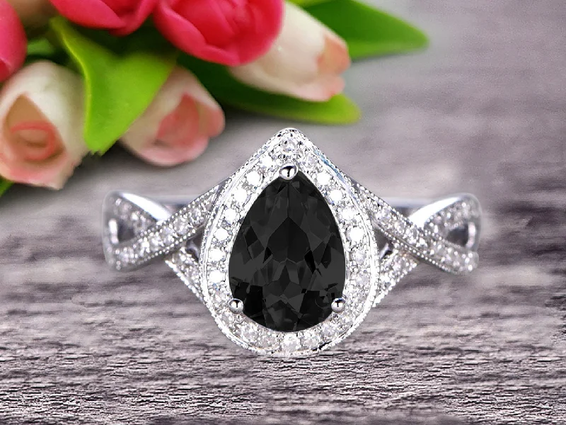 round cut engagement rings for women -round cut engagement rings for women -10k White Gold 1.50 Carat Pear Shape Black Diamond Moissanite Engagement Rings With Moissanite Diamonds Halo