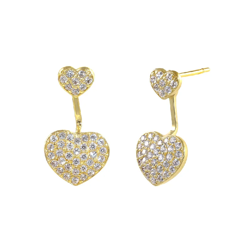 elegant gold earrings for women -teardrop earrings for women -Solid 14K Gold Hearts and Bar Dangle CZ Earrings