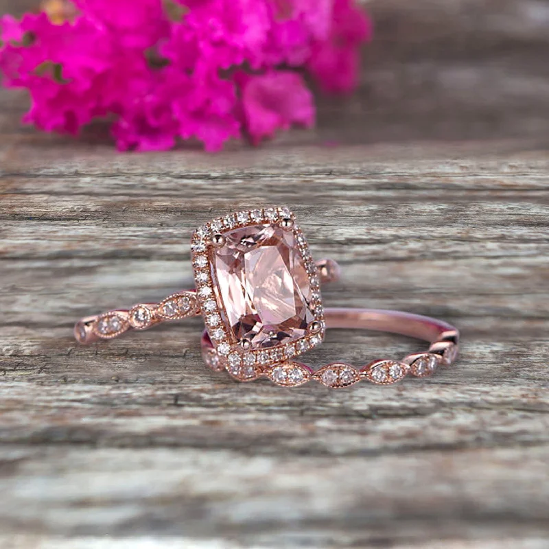 unique engagement rings for women -unique engagement rings for women -Bridal Set Cushion Cut Morganite Engagement Ring Set On 10k Rose Gold Art Deco Style Anniversary Gift