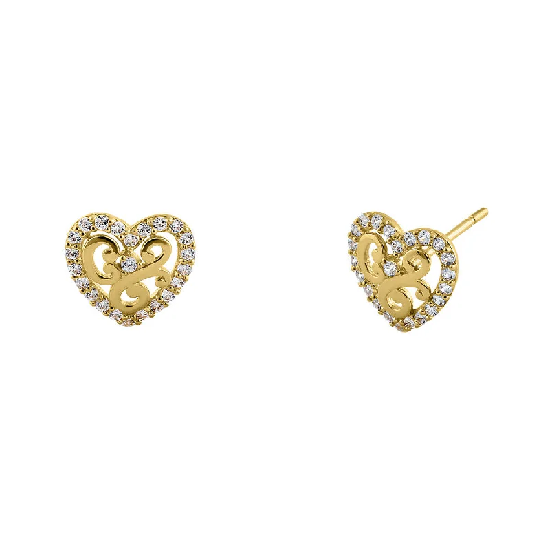 trendy statement earrings for women -trendy statement earrings for women -Solid 14K Yellow Gold Valiant Heart CZ Earrings