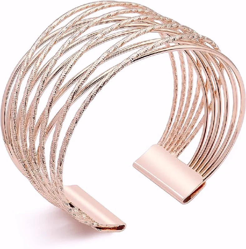 simple bangle bracelets for women -18K Rose Gold Criss Cross Wide Cuff Bangle