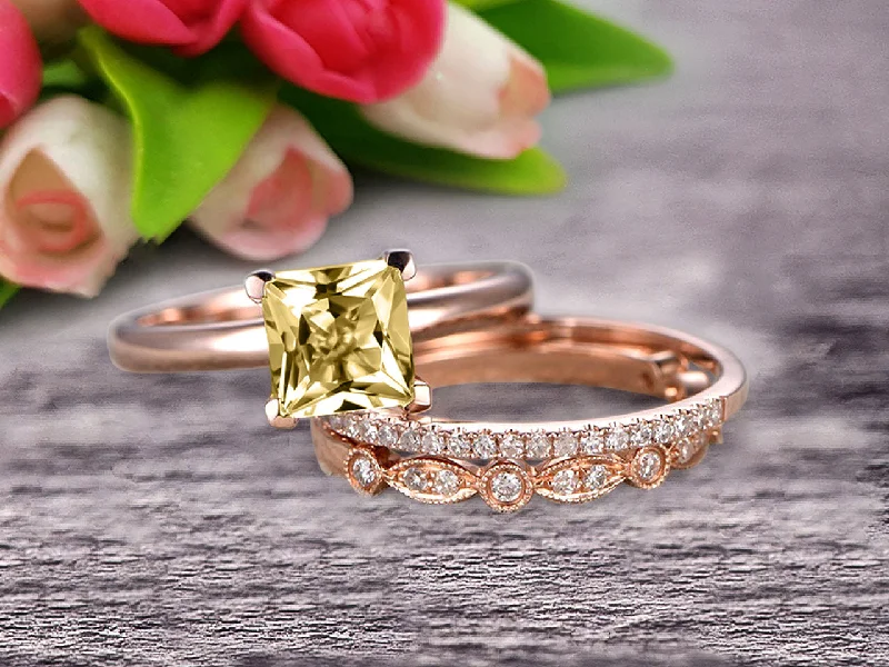 vintage engagement rings for women -vintage engagement rings for women -Trio Set 1.50 Carat Princess Cut Champagne Diamond Moissanite Wedding Set Engagement Ring Anniversary Ring On 10k Rose Gold Art Deco With Matching Band Shining Startling Ring