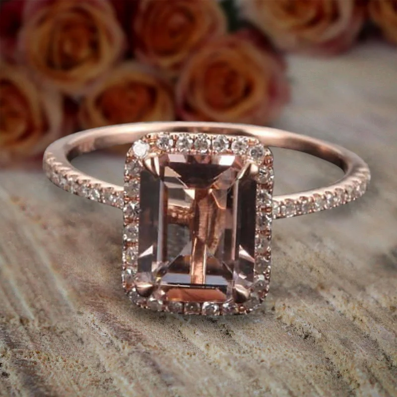 radiant-cut diamond engagement rings -radiant-cut diamond engagement rings -Limited Time Sale 1.75 Carat Emerald Cut Morganite And Diamond Moissanite Halo Engagement Ring in 10k Rose Gold