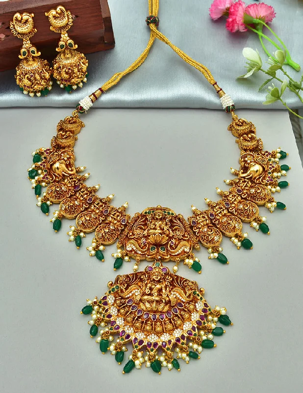 symbolic necklaces for women -stylish crystal necklaces for women -Designer Lakshmi Devi Kempu Wedding Necklace Set