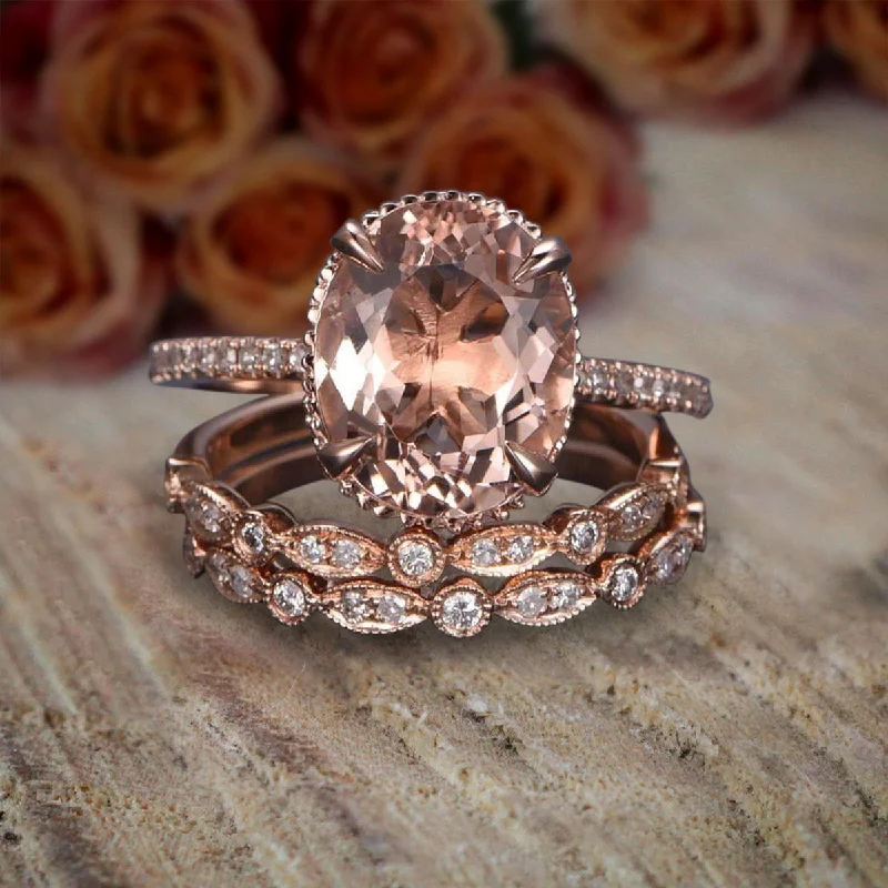 yellow gold engagement rings -yellow gold engagement rings -Oval Cut 2 Carat Morganite And Diamond Moissanite Trio Ring Set in 10k Rose Gold With 1 Engagement Ring And 2 Wedding Bands