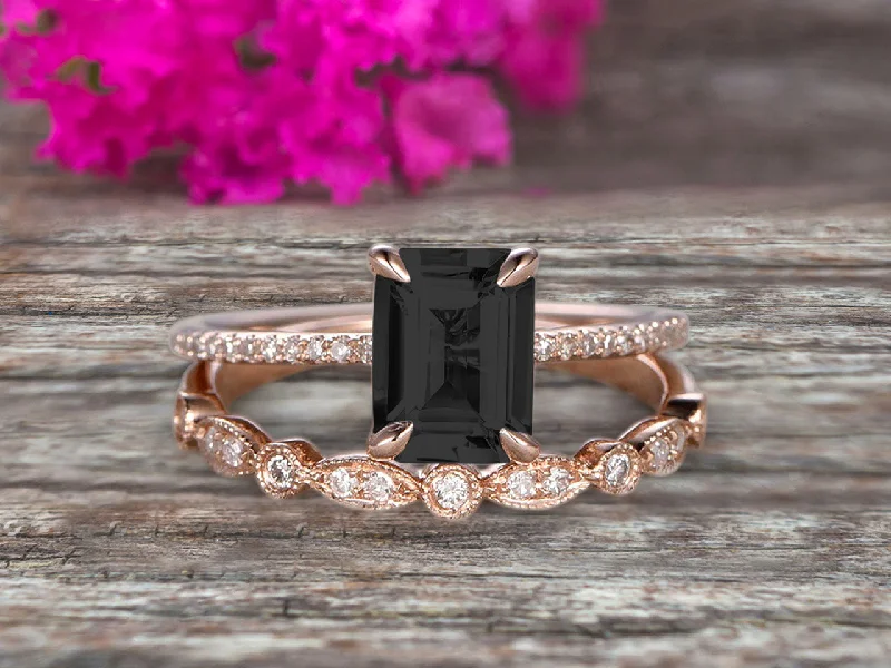 alternative gemstone engagement rings -alternative gemstone engagement rings -1.50 Carat Emerald Cut Art Deco Black Diamond Moissanite 10k Rose Gold Wedding Set Engagement Ring Anniversary Ring Surprise