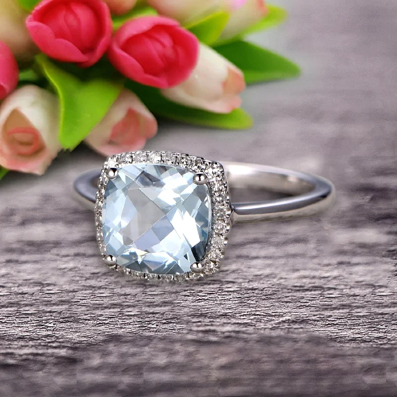 silver engagement rings -silver engagement rings -1.25 Carat Cushion Aquamarine Engagement Ring on 10k White Gold Halo