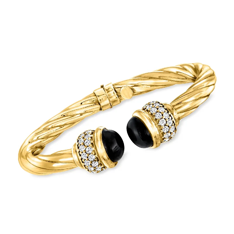 classic bangles for women -Ross-Simons Italian Onyx and CZ Twisted Cuff Bracelet in 18kt Gold Over Sterling