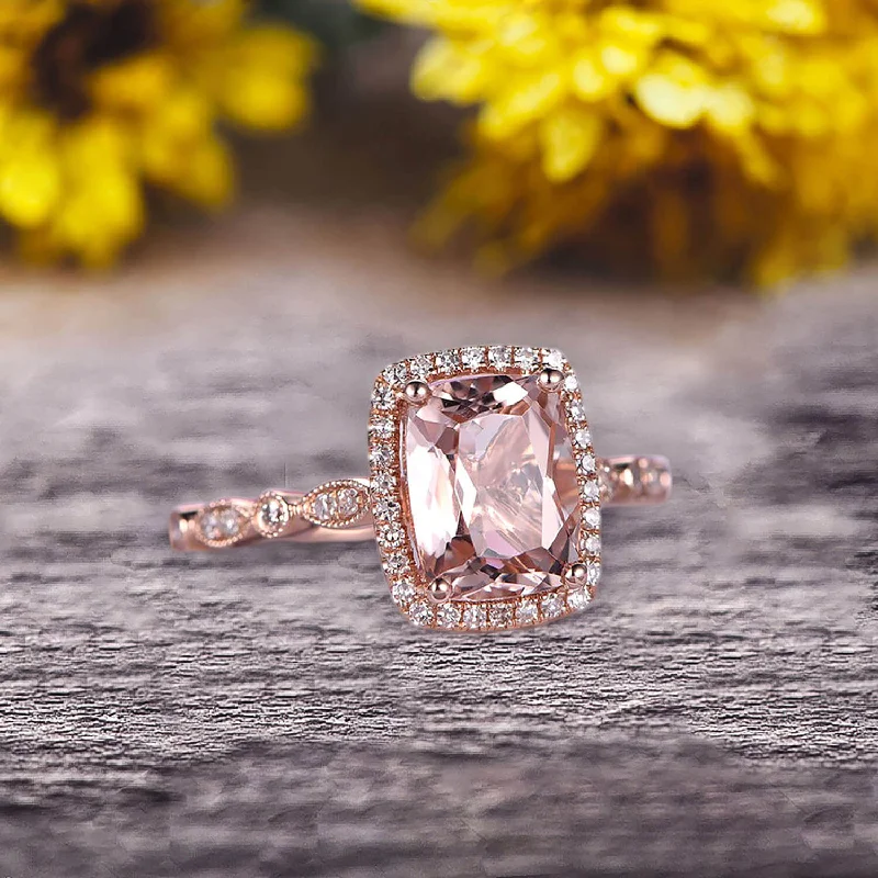 vintage engagement rings for women -vintage engagement rings for women -Milgrain Art Deco 1.50 Carat Cushion Cut Morganite Engagement Ring With 10k Rose Gold Shining Sparkling Halo