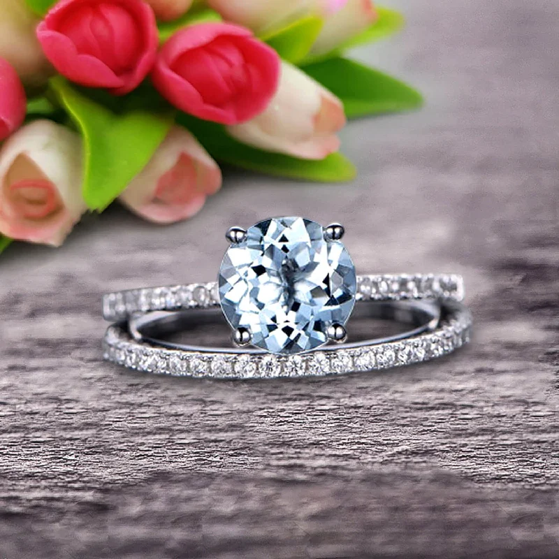 engagement rings for non-traditional brides -engagement rings for non-traditional brides -Round Cut 1.50 Carat Stacking Matching Band Aquamarine Engagement Ring Bridal Set Anniversary Gift 10k White Gold