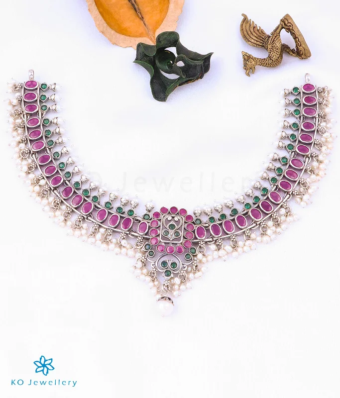 bridal shower necklaces for women -silver statement necklaces for women -The Arini Silver Navratna Guttapusalu Necklace