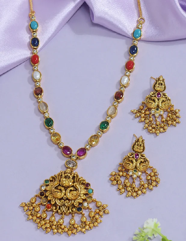 designer necklaces for women -vintage pendant necklaces for women -Designer Matt Plated Navaratna Necklace Set