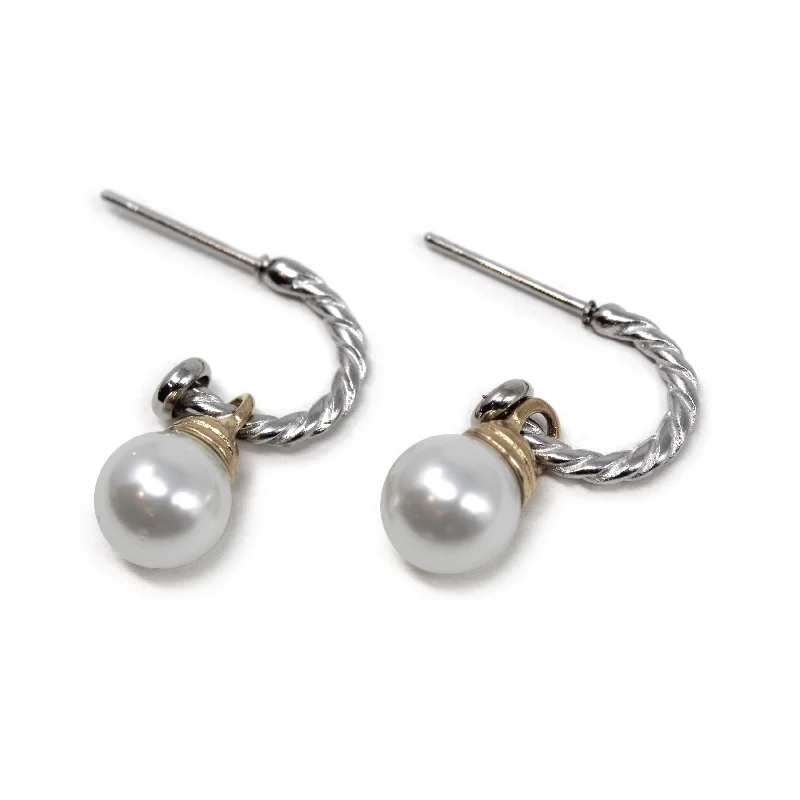 romantic earrings for women -delicate earrings for women -Stainless Steel Two Tone Cable Pearl Ball Earrings