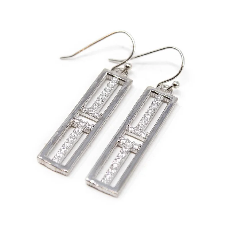 women’s vintage earrings -women’s vintage earrings -Silver Tone Rectangular Pave Drop Earrings