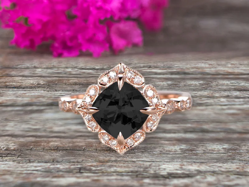 custom-designed engagement rings -custom-designed engagement rings -Milgrain Cushion Cut Black Diamond Moissanite Engagement Ring 1.25 Carat Glaring Wedding Ring 10k Rose Gold Floral Art Deco