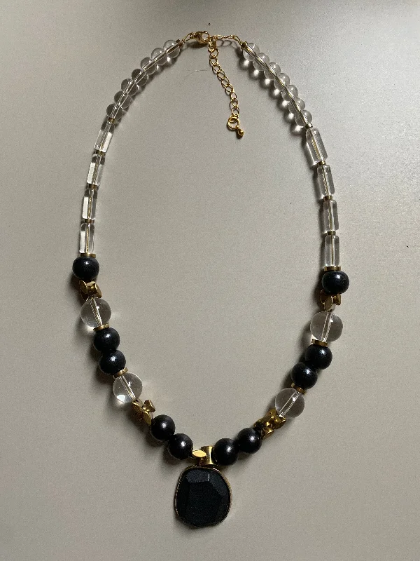 custom necklaces for women -statement necklaces for women -FRT16 -  Glass Necklace with black painted wood, teamed with Hematite details.