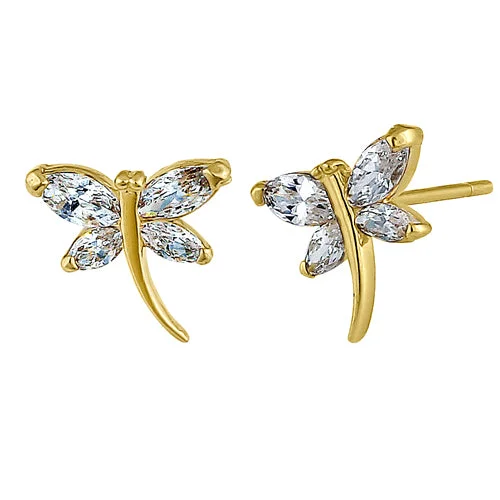 vintage hoop earrings for women -chic gemstone earrings -Solid 14K Yellow Gold Curved Dragonfly Clear Marquise CZ Earrings