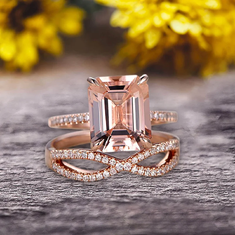 rose gold engagement rings -rose gold engagement rings -1.50 Carat Emerald Cut Pink Morganite Engagement Ring 10k Rose Gold Promise Ring for Bride or Anniversary Gift Startling Jewelry Twisted Across Matching Band