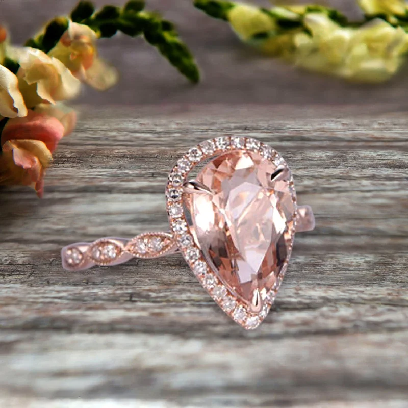 oval cut engagement rings for women -oval cut engagement rings for women -Milgrain Pear Shape 1.50 Carat Pink Morganite Engagement Ring 10k Rose Gold Morganite Ring Wedding Ring Art deco Antique style