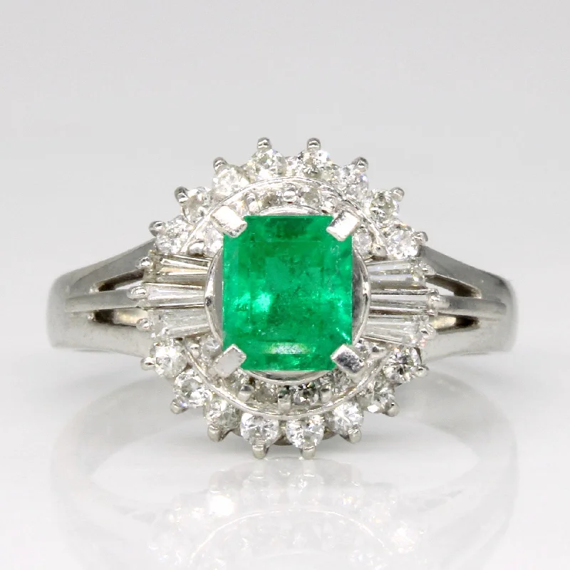 silver gemstone rings -Emerald & Diamond Halo Ring | 0.70ct, 0.44ctw | SZ 6 |