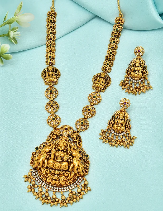 personalized engraved necklaces for women -affordable gold necklaces for women -Designer Antique Lakshmi Devi Necklace Set