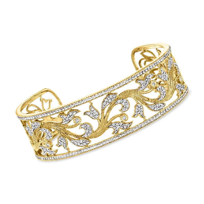 vintage bangles for women -Ross-Simons Diamond Floral Filigree Cuff Bracelet in 18kt Gold Over Sterling