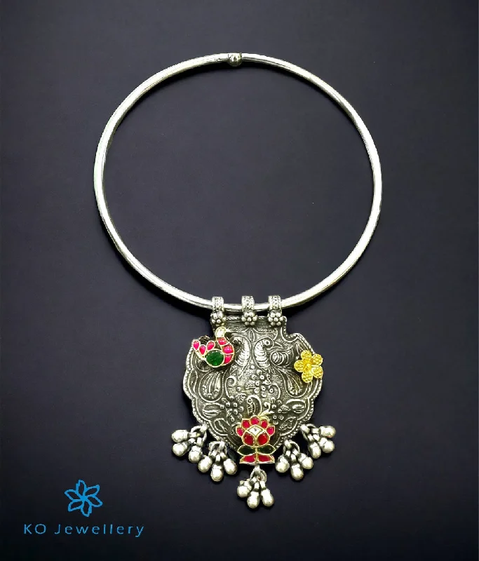 sparkling crystal necklaces for women -vintage silver necklaces for women -The Vaiga Silver Antique Peacock Hasli Necklace (2 tone)