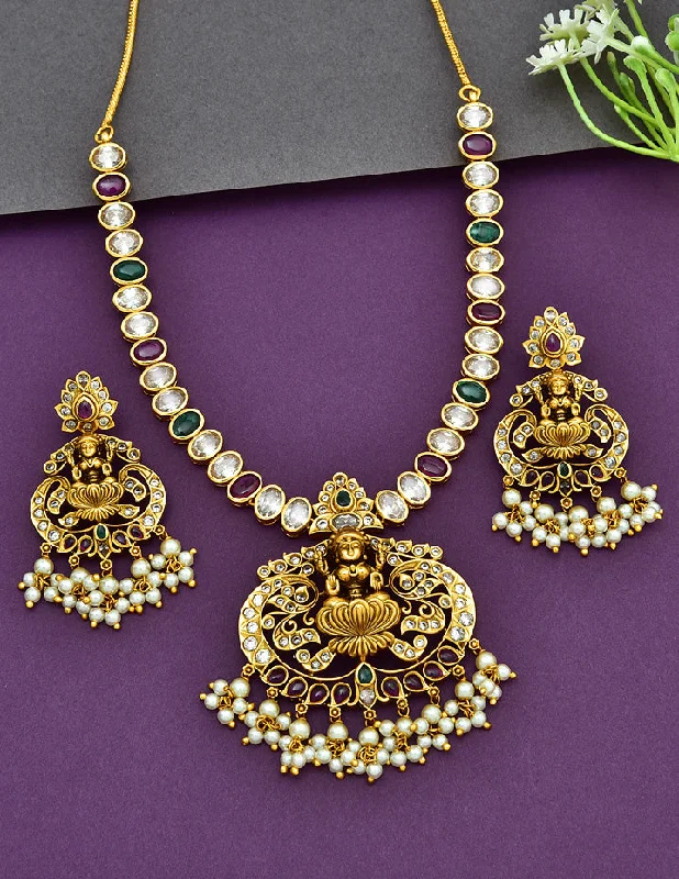 wedding gift necklaces for women -unique crystal necklaces for women -Designer Antique Plated Kempu Necklace Set