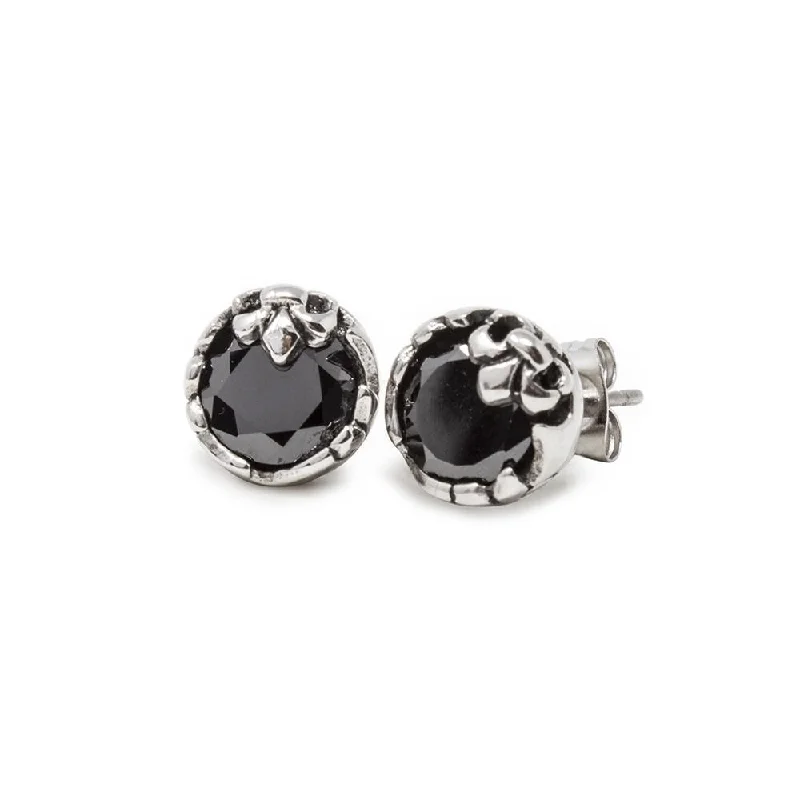 bold earrings for women -special occasion earrings for women -Stainless Steel Men's Fleur de Lis Stud Earrings with Black CZ