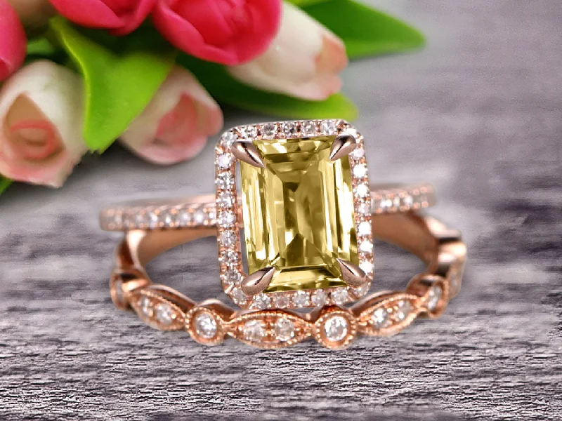 colorful gemstone engagement rings -colorful gemstone engagement rings -Milgrain Art Deco 1.75 Carat Emerald Cut Champagne Diamond Moissanite Wedding Set Engagement Ring Anniversary 10k Rose Gold Claw Prongs Eternity Matching Band