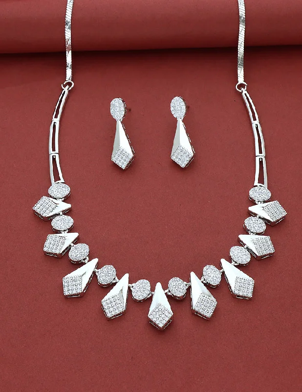 matching necklaces for women -wedding gift necklaces for women -Designer Rhodium Polish Zirconia Necklace Set