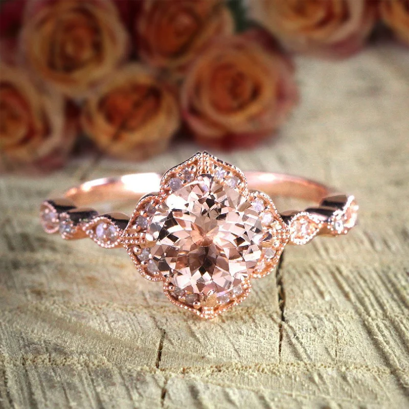 luxury engagement rings -luxury engagement rings -Antique Design 1.25 Carat Cushion Cut Peach Pink Morganite And Diamond Moissanite Engagement Ring in 10k Rose Gold Jewelry