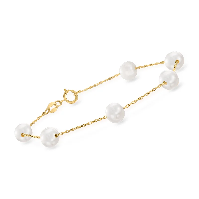 stylish stacking bracelets -Ross-Simons 6.5-7mm Cultured Pearl Station Bracelet in 14kt Yellow Gold