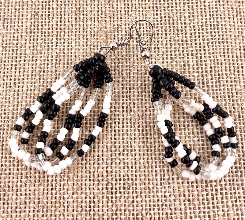 hoop earrings for evening wear -hoop earrings for evening wear -Black and White Seed Bead Cascading Earrings