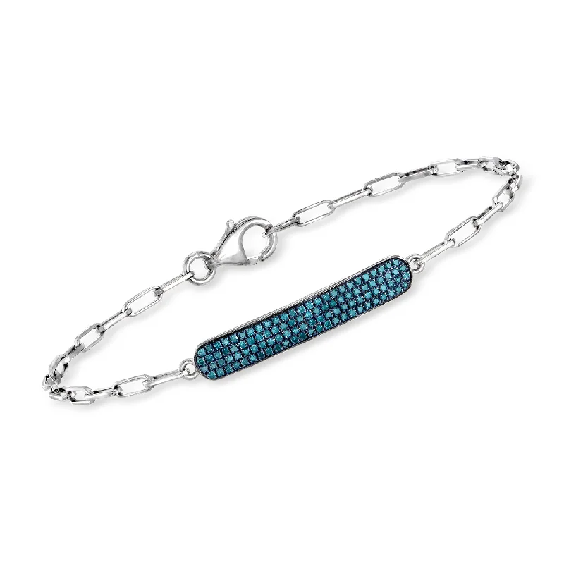 women’s adjustable cuff bracelets -Ross-Simons Blue Diamond Paper Clip Link Bar Bracelet in Sterling Silver