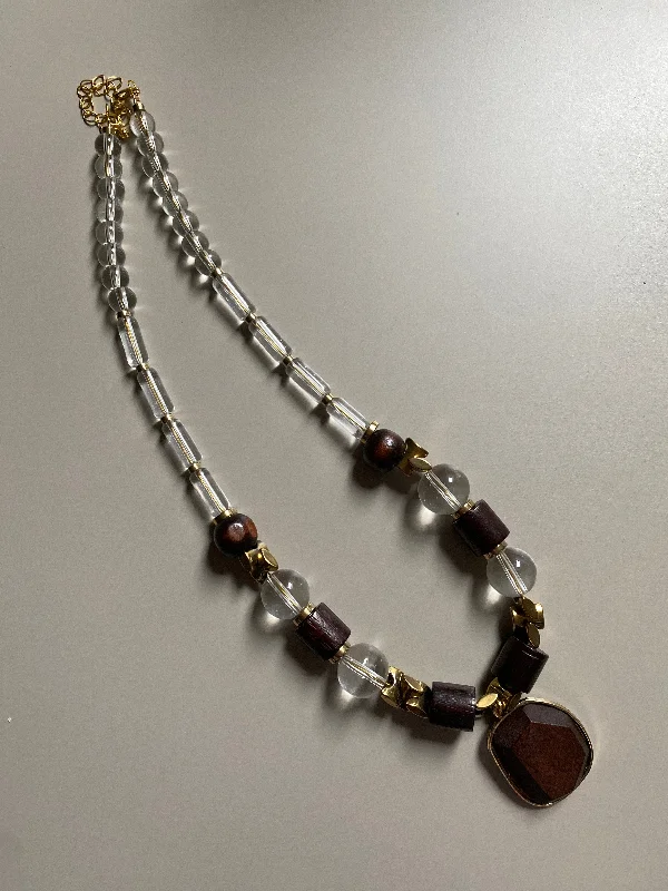 choker necklaces for women -layered necklaces for women -FRT15 - Glass Necklace with dyed wood, teamed with Hematite details.