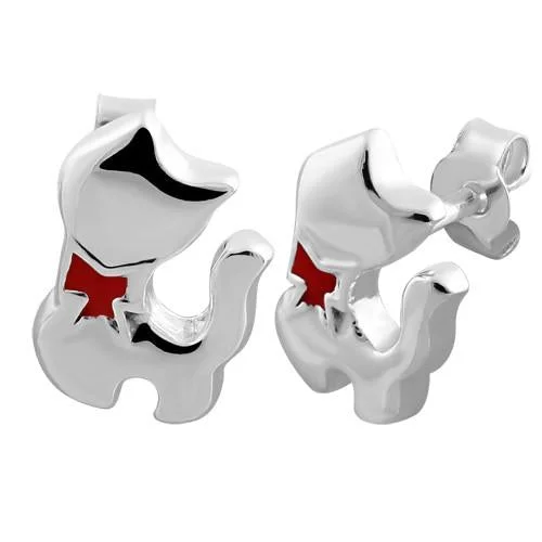 designer earrings for women -stud earrings for everyday wear -Sterling Silver Red Bow Cat Earrings