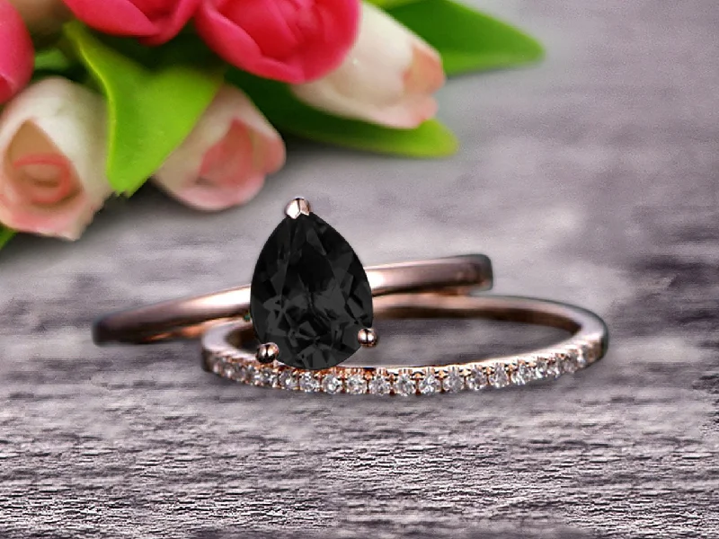 emerald-cut diamond engagement rings -emerald-cut diamond engagement rings -1.25 Carat Solitaire Pear Shape Black Diamond Moissanite Engagement Ring With Matching Wedding Band On 10k Rose Gold Bridal Ring Set Surprisingly