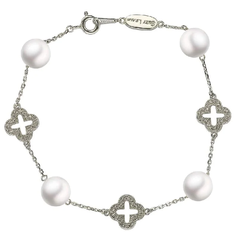 unique charm bracelets for women -Suzy Levian Sterling Silver Clover White Sapphire and Cultured Pearl Bracelet