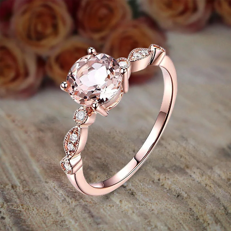 vintage engagement rings for women -vintage engagement rings for women -Antique Design 1.25 Carat Round Cut Morganite And Diamond Moissanite Engagement Ring in 10k Rose Gold Jewelry